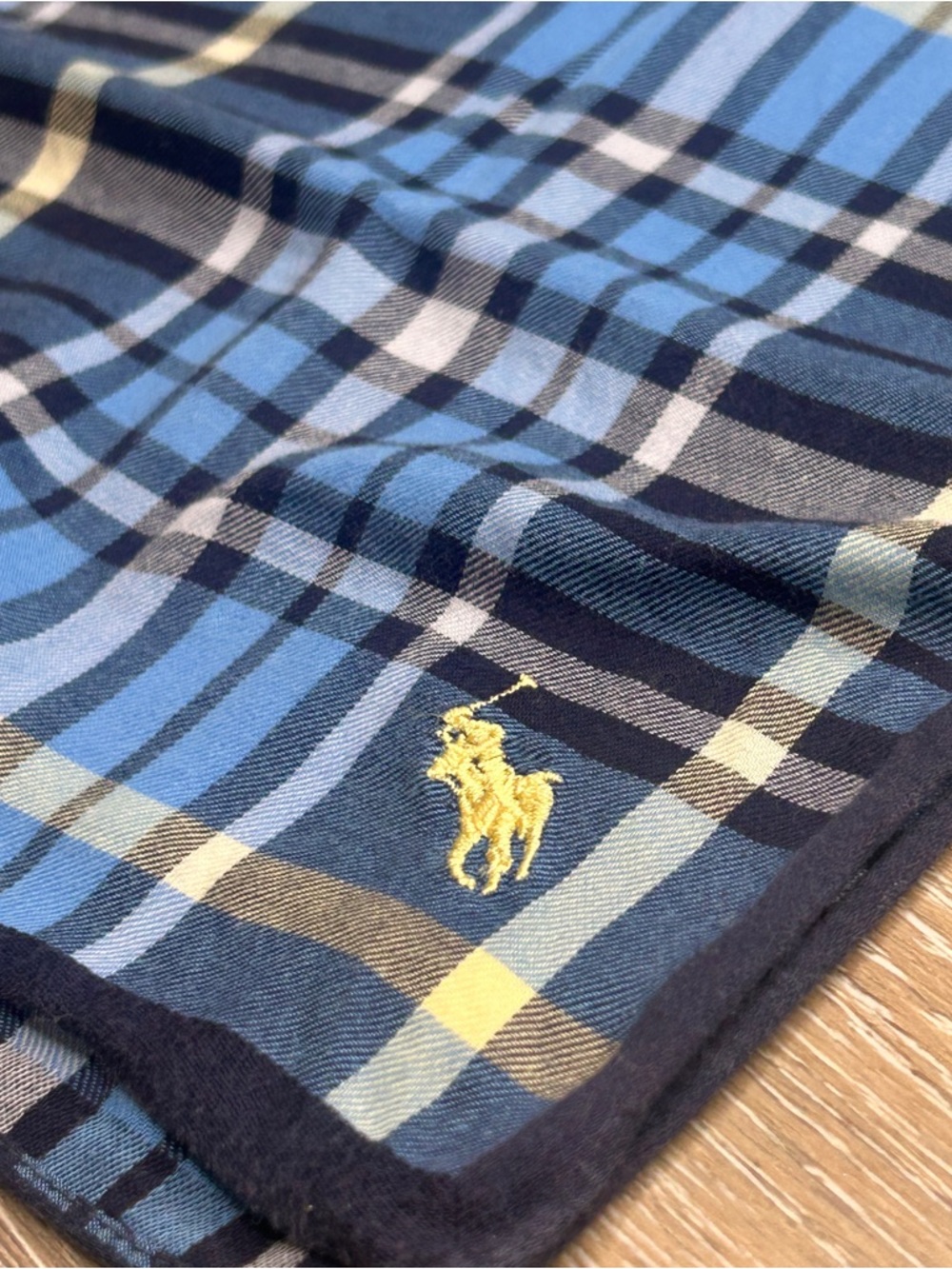 Ralph Lauren Plaid Pocket Square with Embroidered Polo Logo Blue Yellow Tartan - Picture 2 of 6